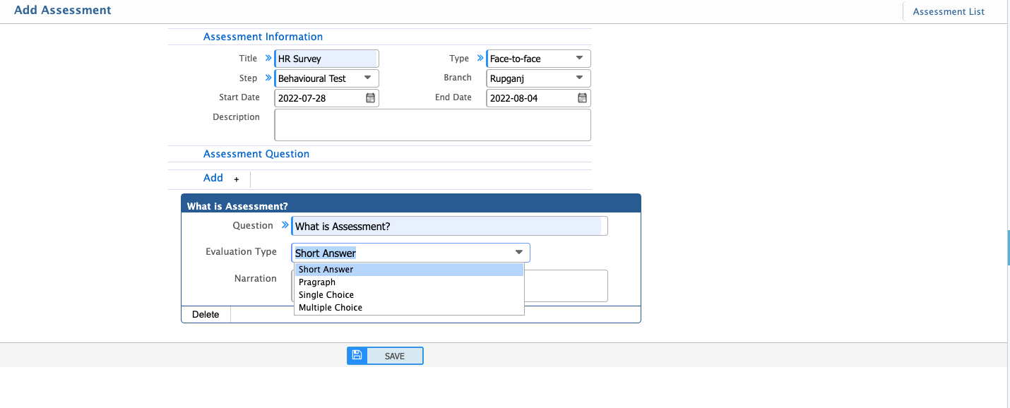Add Assessment new